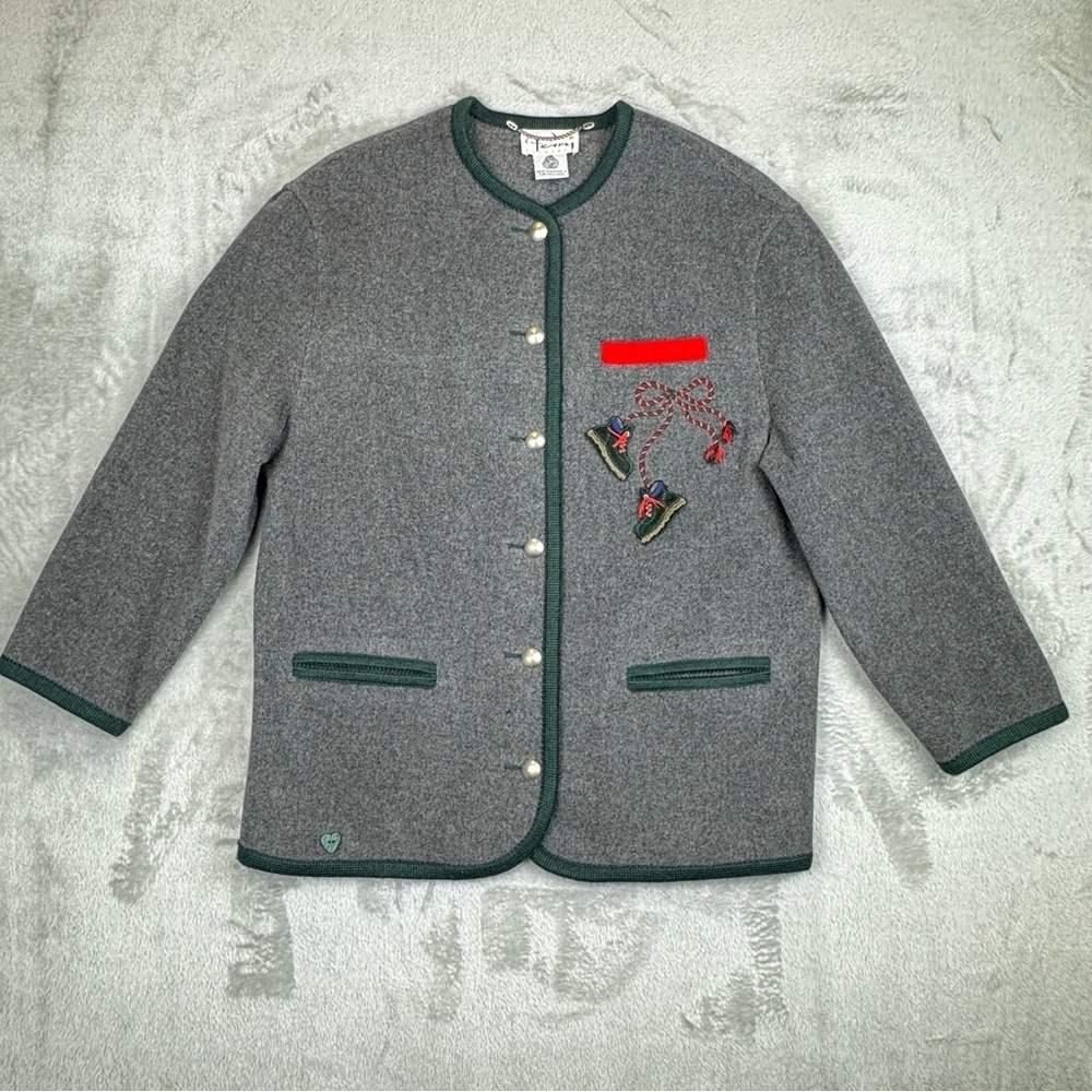 Perry Country Women’s Boiled Wool Jacket Embroidery Appliqué Pockets Grey Large